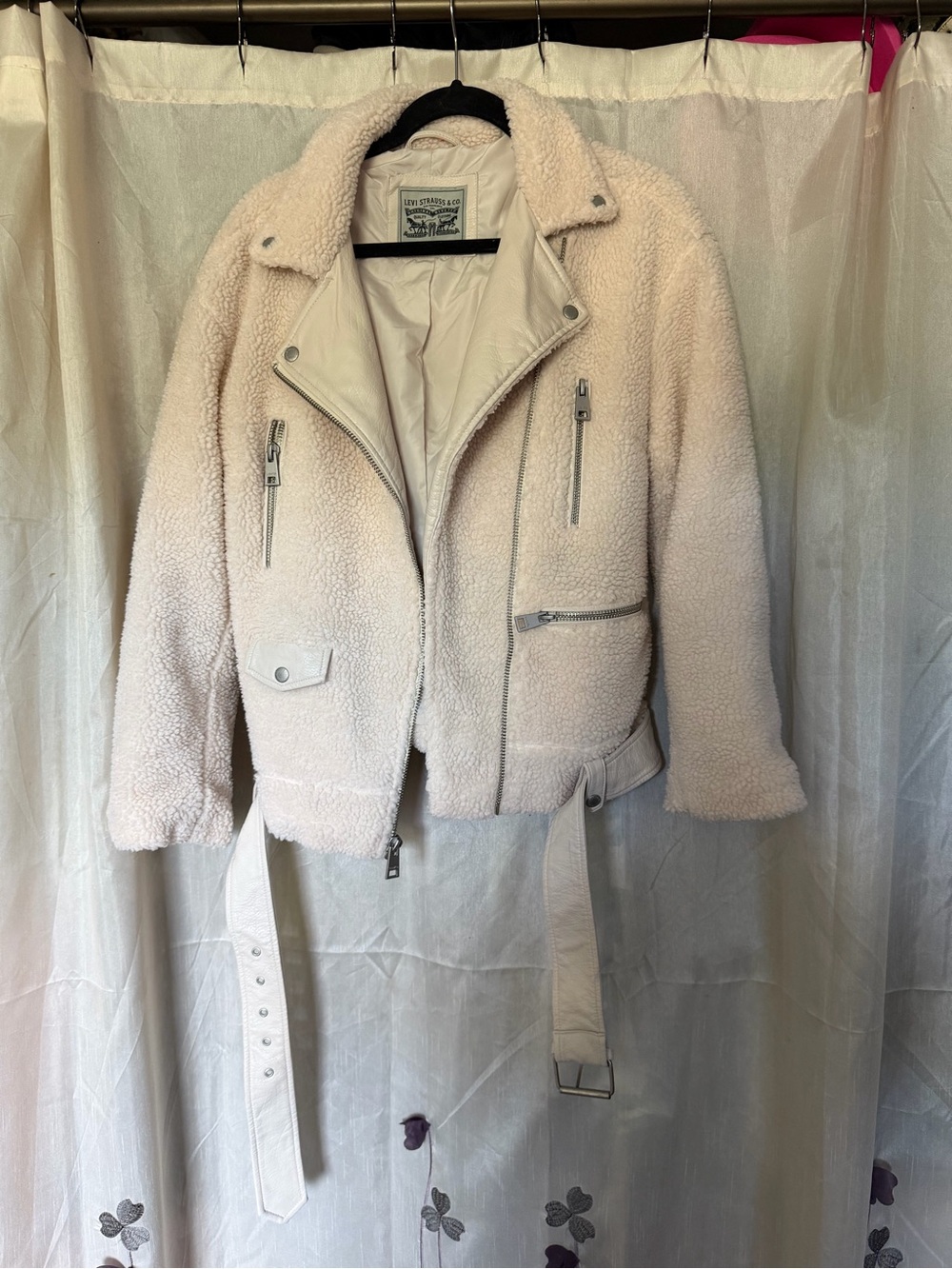 Levi's Cream Teddy Moto Jacket with Belt